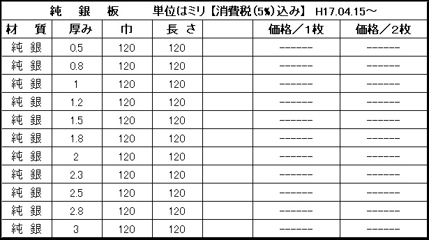 銀材料サイズ表